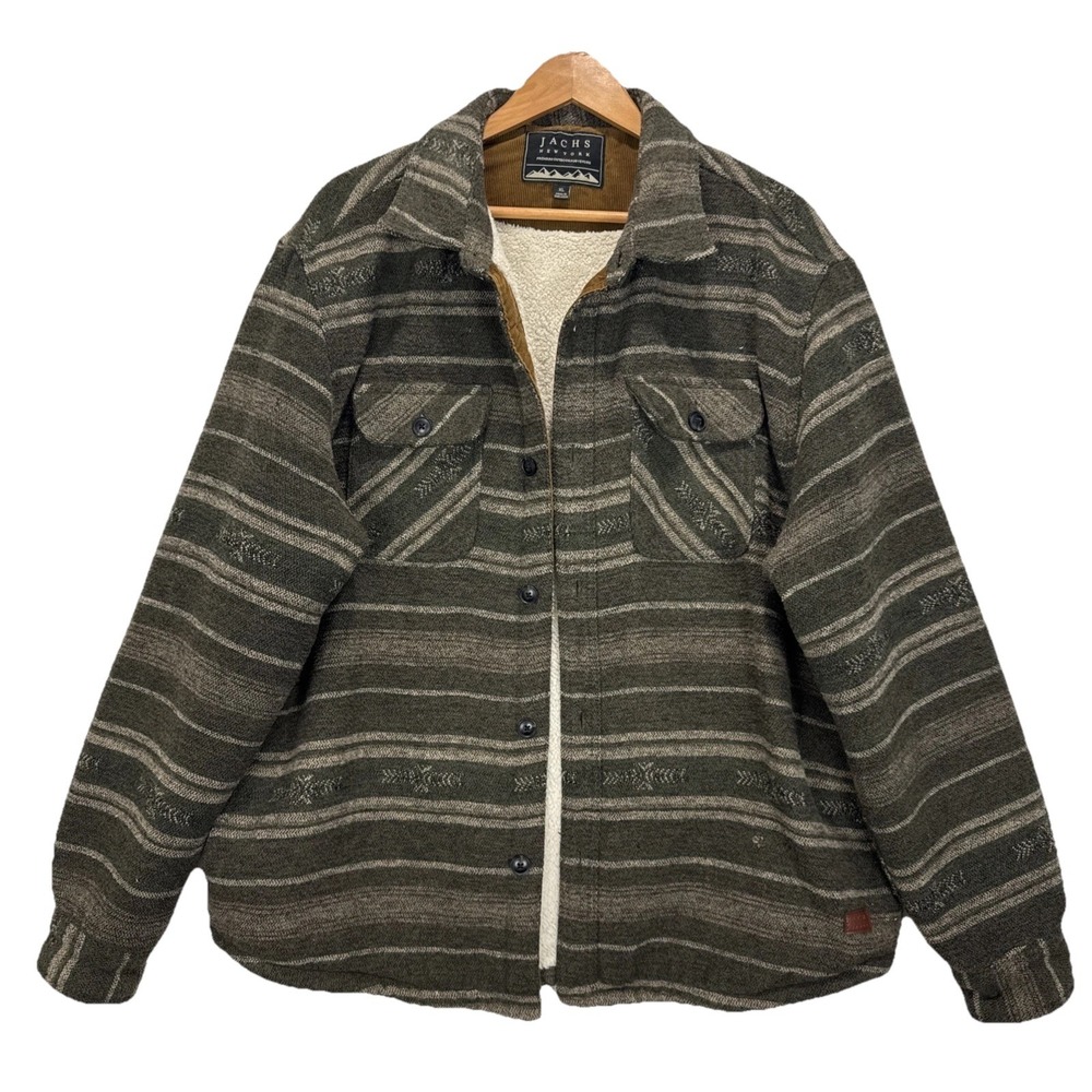 Jachs‎ New York Sherpa Lined Shirt Jacket Mens XL Green Brown Striped Shacket